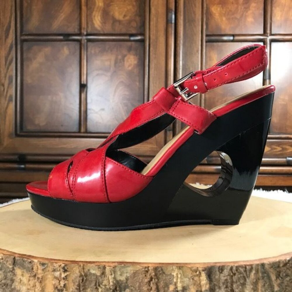 Nine West Strawberry Faux Leather Carve-Out Heel Buckle Sling Platform Sandal - Picture 4 of 14